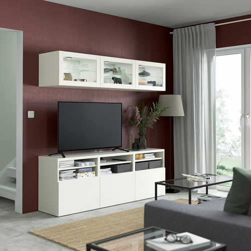 BESTÅ TV storage combination/glass doors, white/Lappviken white clear glass, 180x42x192 cm