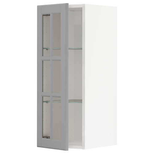 METOD Wall cabinet w shelves/glass door, white/Bodbyn grey, 30x80 cm