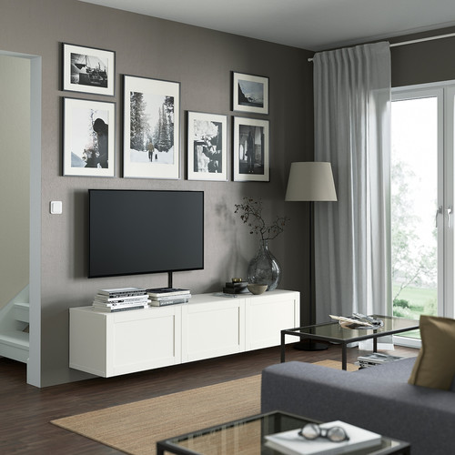 BESTÅ TV bench with doors, white, Hanviken white, 180x42x38 cm