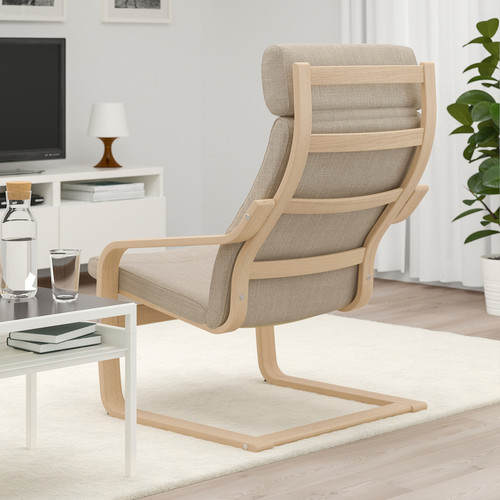 POÄNG Armchair, white stained oak veneer, Hillared beige