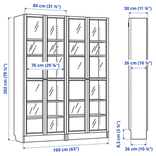 BILLY / OXBERG Bookcase comb w glass doors, black oak effect, 160x202 cm