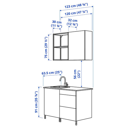 ENHET Kitchen, white, 123x63.5x222 cm