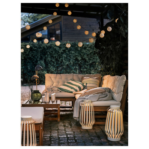 NÄMMARÖ Modular corner sofa, 3-seat, outdoor light brown stained/Kuddarna beige