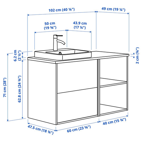 HAVBÄCK / ORRSJÖN Wash-stand/wash-basin/tap, dark grey/oak effect/white marble effect, 102x49x71 cm