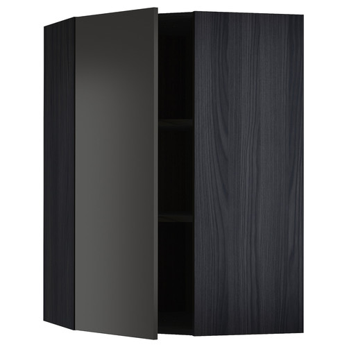 METOD Corner wall cabinet with shelves, black/Nickebo matt anthracite, 68x100 cm