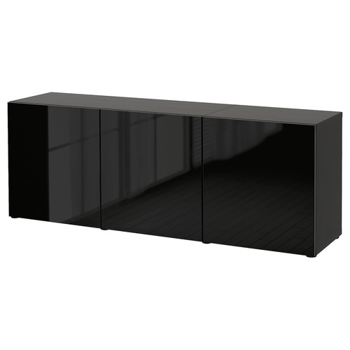 BESTÅ Storage combination with doors, black-brown/Selsviken high-gloss/black, 180x42x65 cm