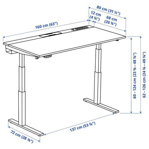 MITTZON Desk sit/stand, electric walnut veneer/white, 160x80 cm