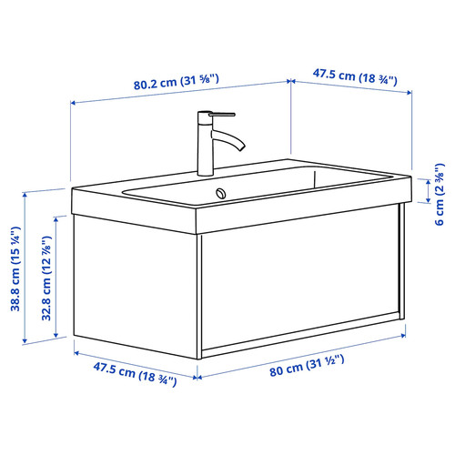 ÄNGSJÖN / BACKSJÖN Wash-stnd w drawer/wash-basin/tap, high-gloss white, 80x48x39 cm