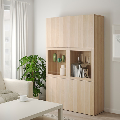 BESTÅ Storage combination w/glass doors, Lappviken, Sindvik white stained oak, clear glass, 120x40x192 cm