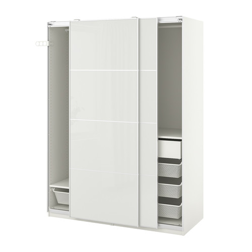 PAX / HOKKSUND Wardrobe combination, white, high-gloss light grey, 150x66x201 cm