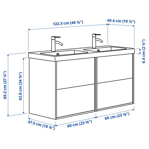 TÄNNFORSEN / ORRSJÖN Wash-stand/wash-basin/taps, light grey, 122x49x74 cm