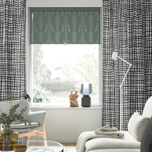 GRÖNKATTFOT Curtains, 1 pair, white/black, 145x300 cm