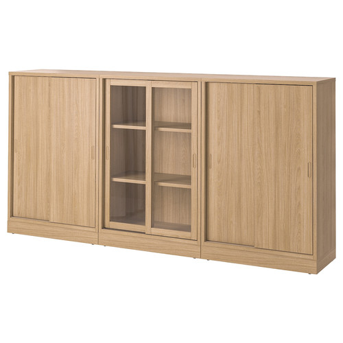 TONSTAD Storage combination w sliding doors, oak veneer/clear glass, 245x37x120 cm