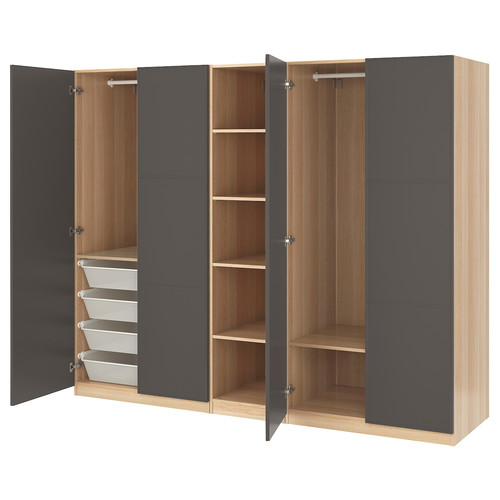 PAX Wardrobe, white stained oak effect, Meråker dark grey, 250x60x201 cm