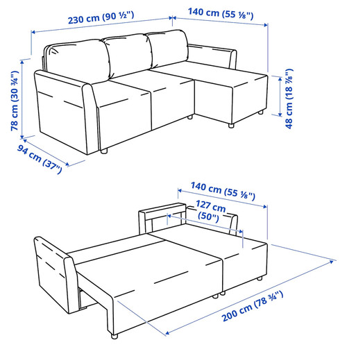 BRISSUND 3-seat sofa-bed with chaise longue, Hakebo light turquoise