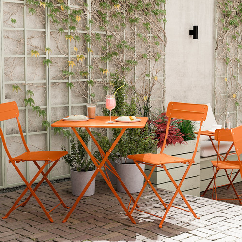 SUNDSÖ Table and 2 folding chairs, outdoor bright orange/bright orange, 65x65 cm