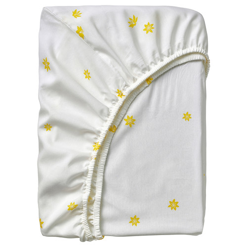 SKOGSDUVA Fitted sheet, white yellow/flower pattern, 90x200 cm