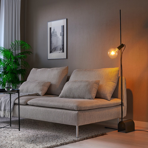 HÅRSLINGA / LUNNOM Floor lamp with light bulb, black/clear glass