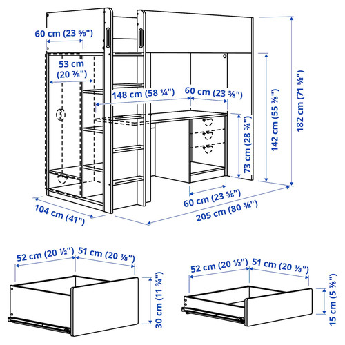 SMÅSTAD Loft bed, white lilac/with desk with 4 drawers, 90x200 cm