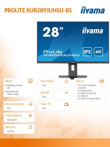 IIyama 28" Monitor XUB2893UHSU-B5 IPS 4K HDMI DP 2x2W