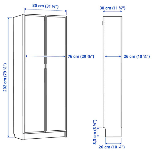 BILLY / HÖGBO Bookcase with glass doors, black oak effect, 80x30x202 cm