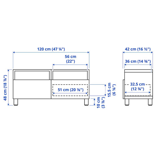 BESTÅ TV bench with drawers, white/Kallviken/Stubbarp light grey, 120x42x48 cm