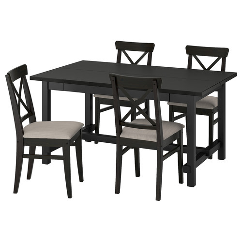 NORDVIKEN / INGOLF Table and 4 chairs, black/Nolhaga grey-beige brown-black, 152/223 cm