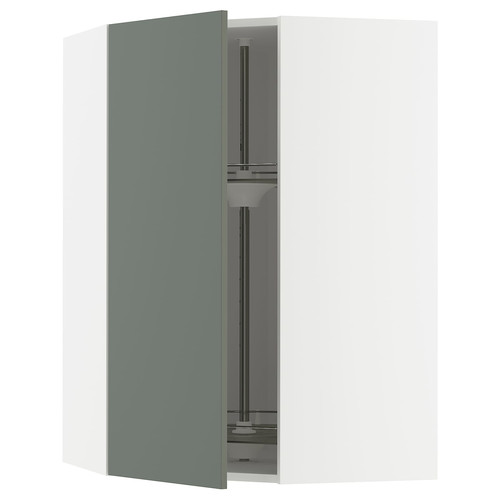 METOD Corner wall cabinet with carousel, white/Nickebo matt grey-green, 68x100 cm