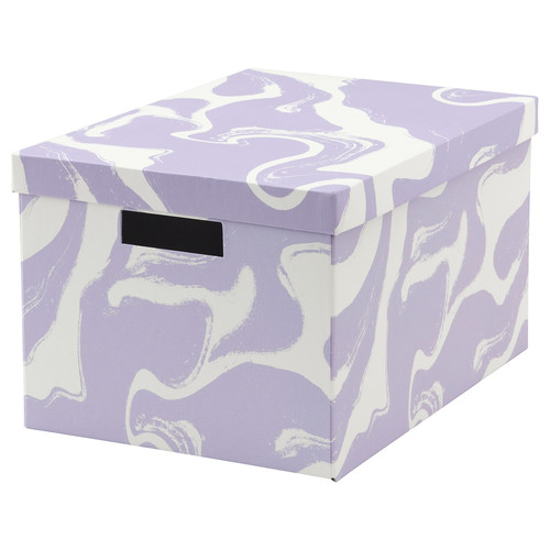 TJENA Storage box with lid, patterned/lilac white, 25x35x20 cm