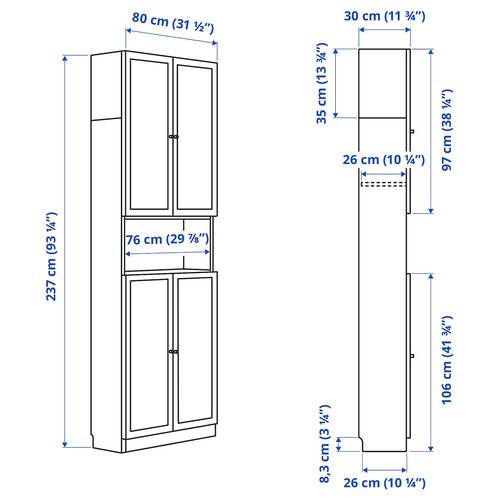 BILLY / OXBERG Bookcase w doors/extension unit, oak effect, 80x30x237 cm