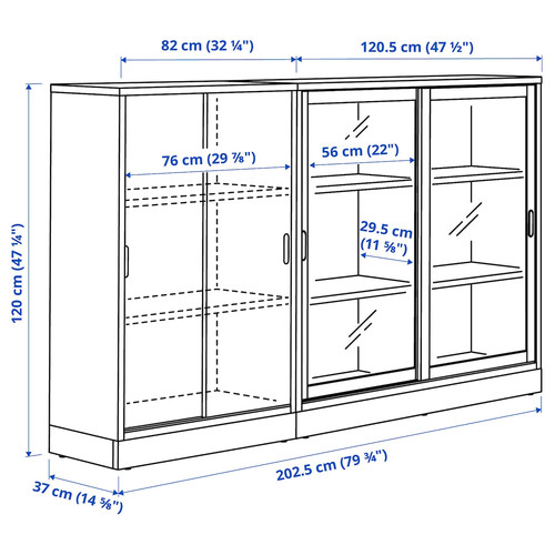 TONSTAD Storage combination w sliding doors, oak veneer/clear glass, 202x37x120 cm