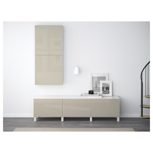 BESTÅ Storage combination with drawers, white, Selsviken high-gloss beige, 180x40x48 cm