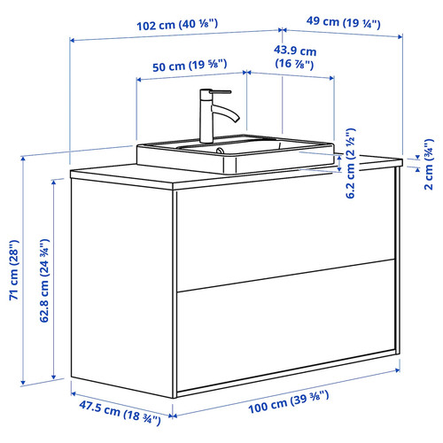 HAVBÄCK / ORRSJÖN Wash-stnd w drawers/wash-basin/tap, beige/white marble effect, 102x49x71 cm