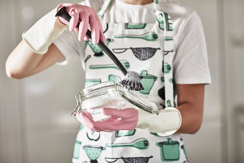 RINNIG Apron, white/green, patterned