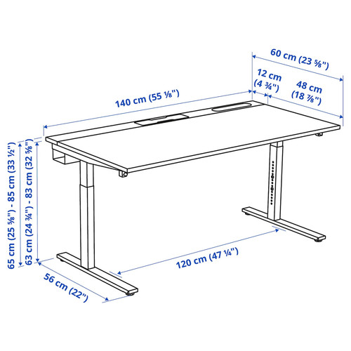 MITTZON Desk, black stained ash veneer/white, 140x60 cm