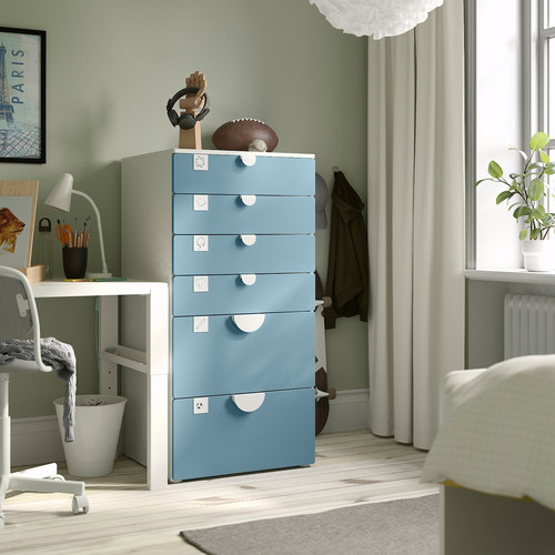 SMÅSTAD / PLATSA Chest of 6 drawers, white/blue, 60x57x123 cm