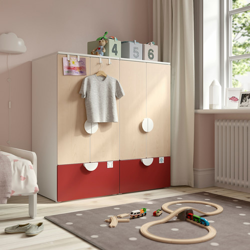 SMÅSTAD / PLATSA Storage combination, white red/birch with 2 drawers, 120x57x123 cm