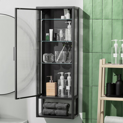 MOSSJÖN Wall cabinet w shelves/glass door, anthracite, 36x18x102 cm