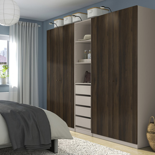 PAX / STORKLINTA Wardrobe combination, grey-beige/dark brown stained oak effect, 250x58x201 cm