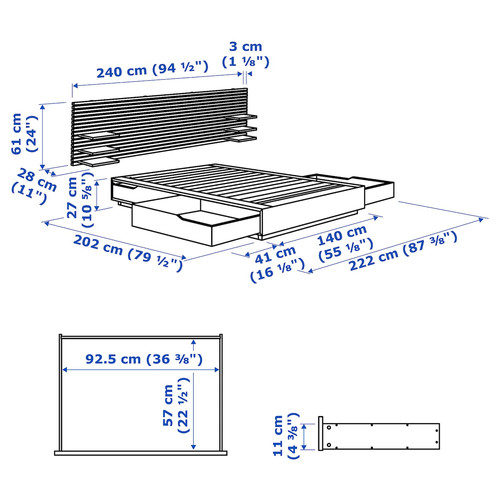 MANDAL Bed frame with headboard, birch/white, 140x202 cm