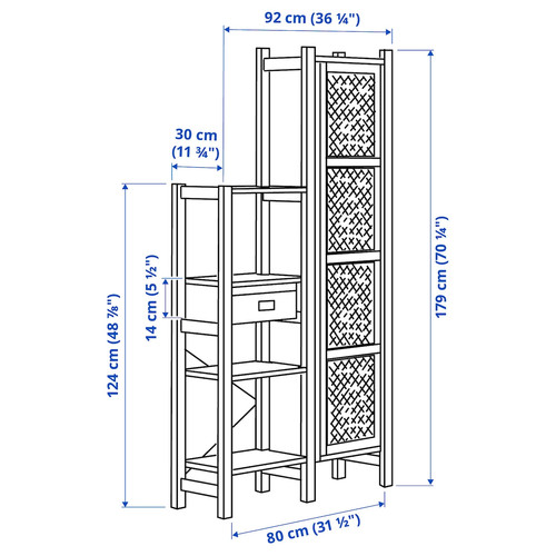 IVAR 2 sections/shelves/cabinet, pine/black mesh, 92x30x179 cm