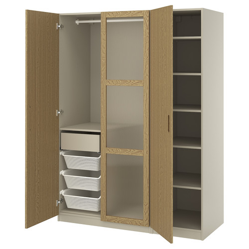 PAX / TONSTAD Wardrobe combination, grey-beige/oak veneer glass, 150x60x201 cm