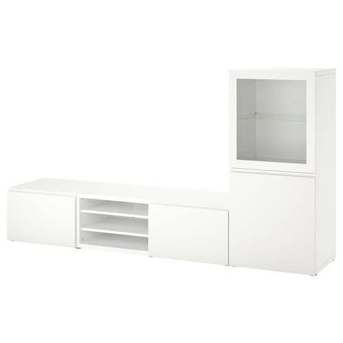 BESTÅ TV storage combination/glass doors, white/Västerviken white clear glass, 240x42x129 cm