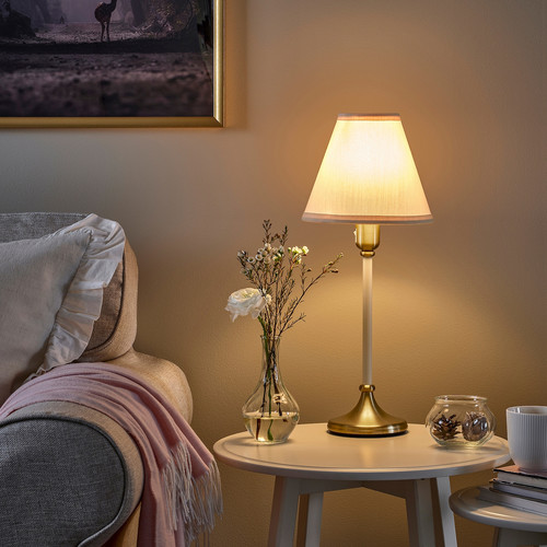 FLYGHÖJD Table lamp, brass/beige, 54 cm