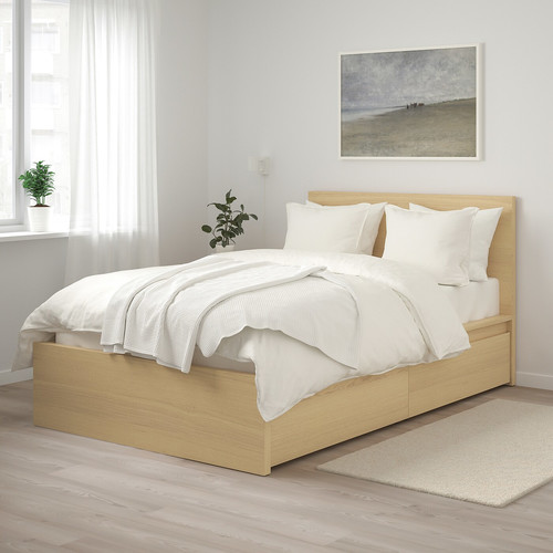 MALM Bed frame, high, with 2 storage boxes, white stained oak effect, Luröy, 120x200 cm