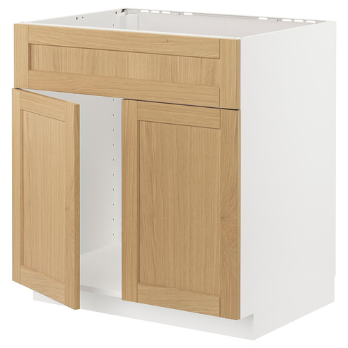 METOD Base cabinet f sink w 2 doors/front, white/Forsbacka oak, 80x60 cm