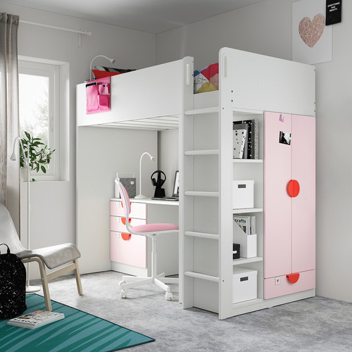 SMÅSTAD Loft bed, white pale pink/with desk with 2 shelves, 90x200 cm