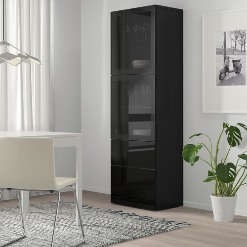 BESTÅ Storage combination w glass doors, black-brown/Selsviken high-gloss/black clear glass, 60x42x193 cm