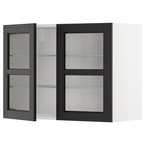 METOD Wall cabinet w shelves/2 glass drs, white/Lerhyttan black stained, 80x60 cm