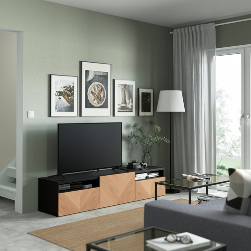 BESTÅ TV unit with drawers and door, black-brown, Hedeviken oak veneer, 180x42x39 cm